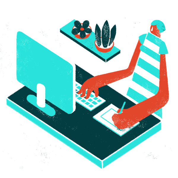 An animated illustration of a creative workspace