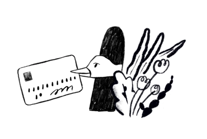 An illustrated hand offering a business card